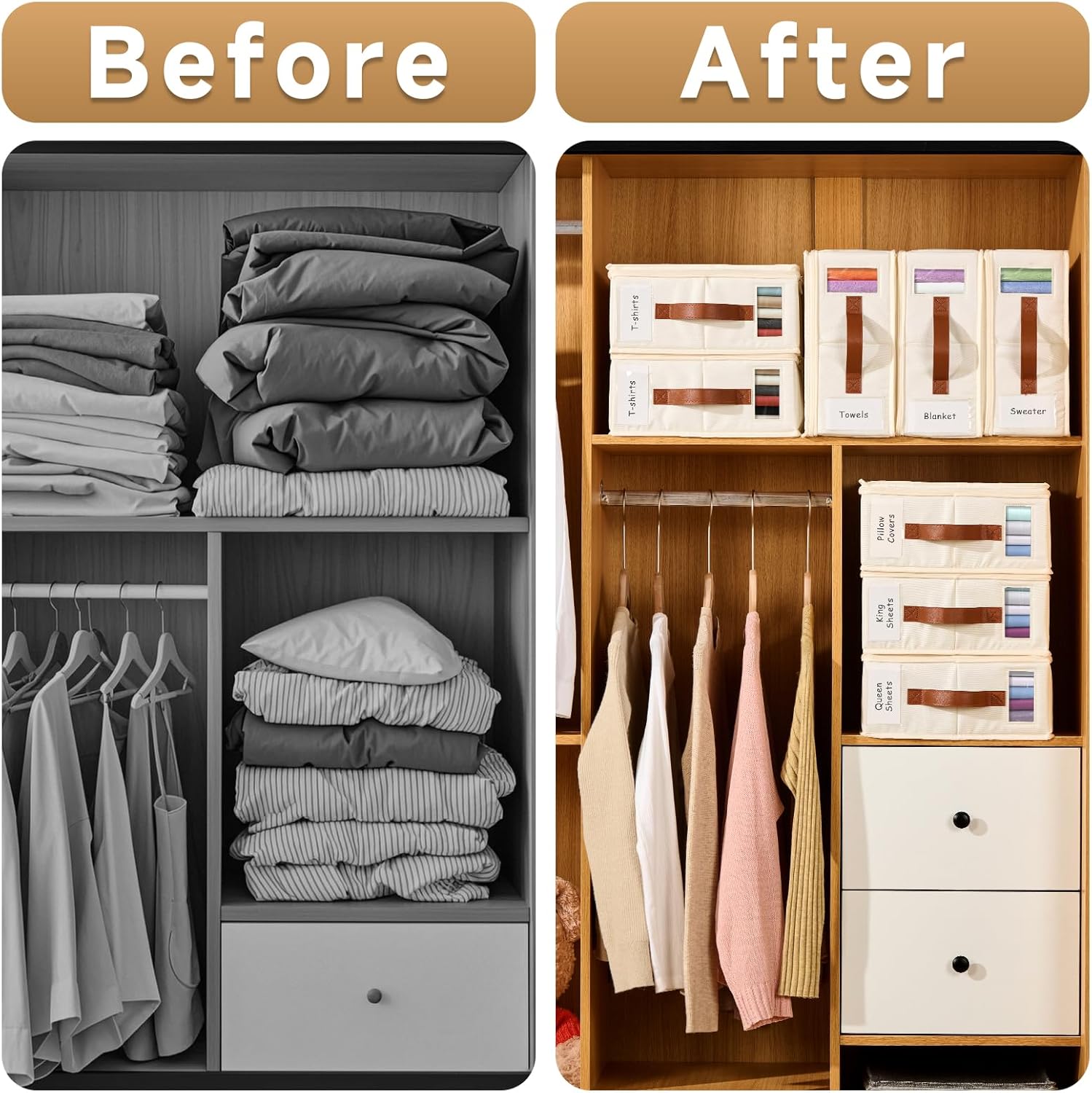 6 Pack Bed Sheet Organizers and Storage, Bedding Storage Box with Zipper, Label, Handle, Window, Linen Closet Organizer and Storage for Sheet Set, Clothing, Duvet Covers, Toys
