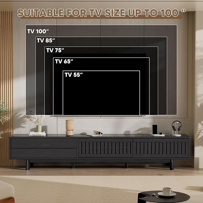 Mid Century Modern TV Stand for 85 Inch TVs, 78.7" Entertainment Center with Storage & Power Outlet, Media Console w/Drawers and Sliding Door, Television Stands for Living Room, Black