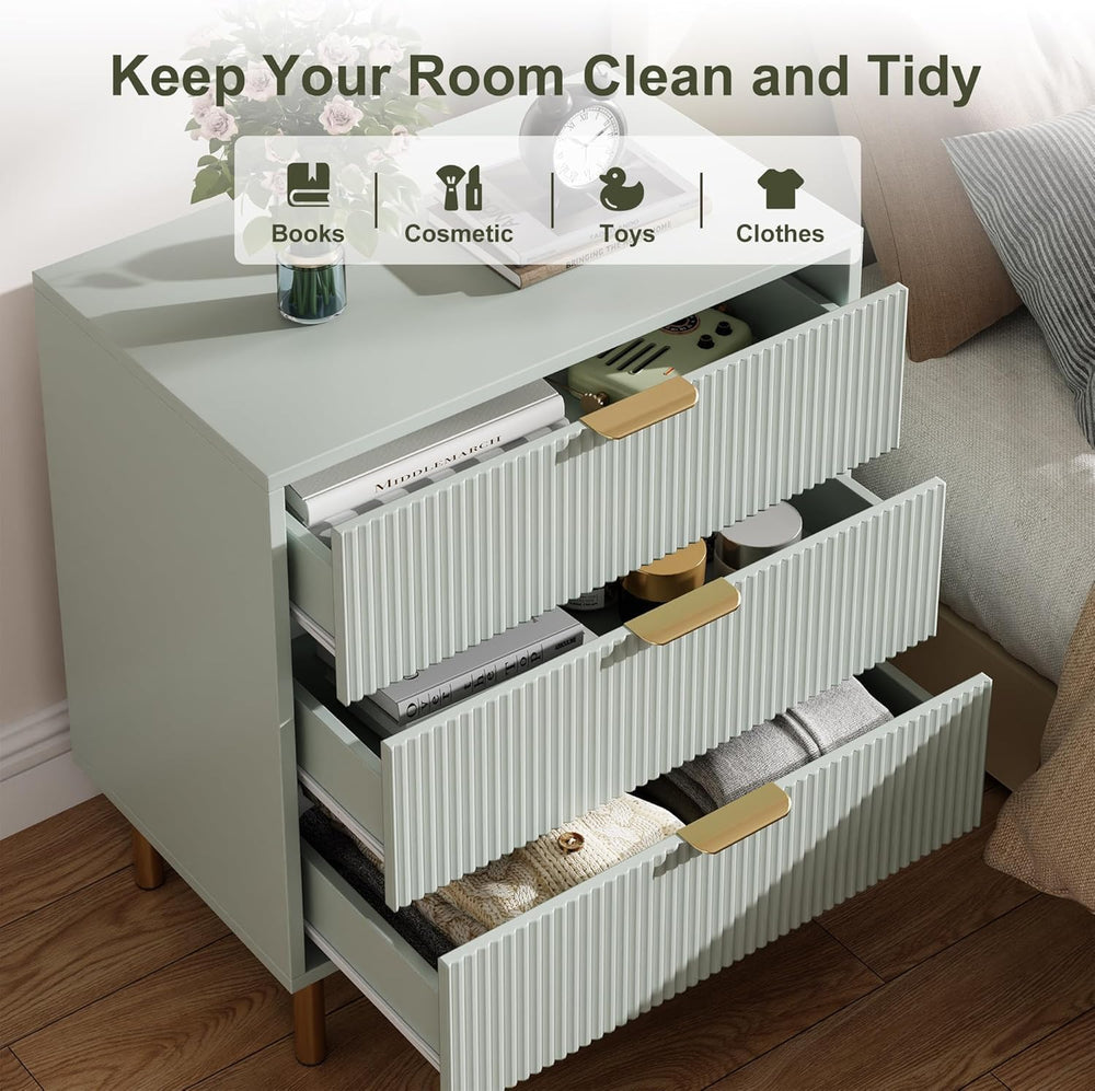 IDEALHOUSE Modern Green 3 Drawer Dresser for Bedroom with Gold Handles