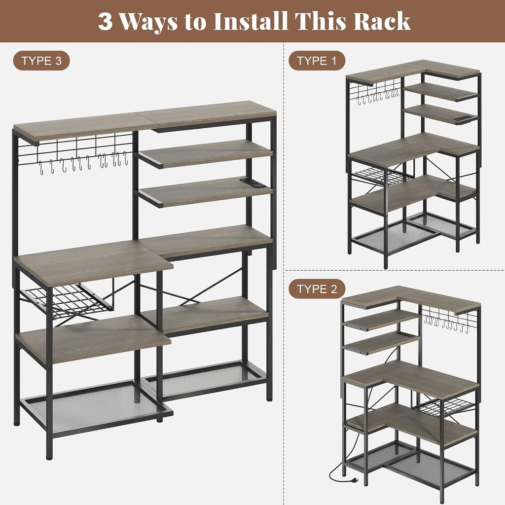 L-Shaped Bakers Rack with Power Outlet, 6-Tier Microwave Stand with Storage, Coffee Bar, Kitchen Shelf with Wire Basket, Hooks, Grey