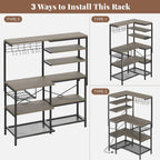 L-Shaped Bakers Rack with Power Outlet, 6-Tier Microwave Stand with Storage, Coffee Bar, Kitchen Shelf with Wire Basket, Hooks, Grey
