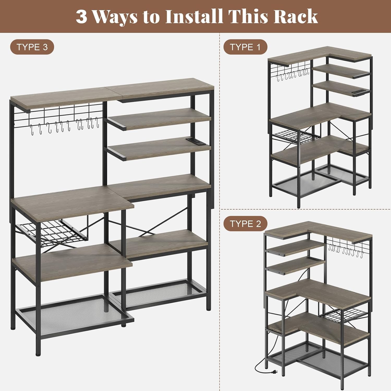 L-Shaped Bakers Rack with Power Outlet, 6-Tier Microwave Stand with Storage, Coffee Bar, Kitchen Shelf with Wire Basket, Hooks, Grey