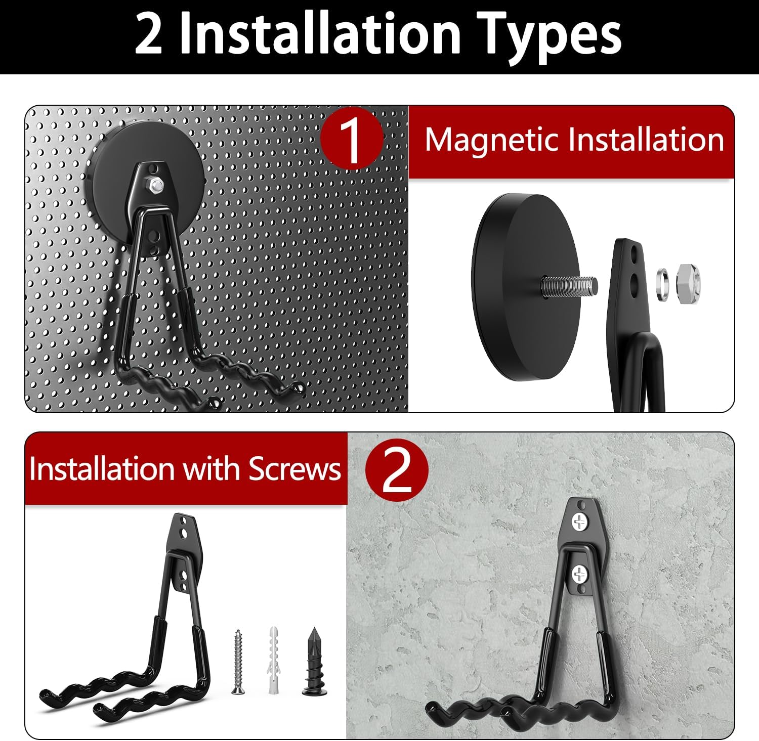 3-H Magnetic Wave Hooks Heavy Duty 2 Pack, Large Magnet Garage Hooks Heavy Duty and Strong Utility Magnetic Tool Holde for Hanging and organizing Garden Power Tool (Black
