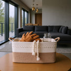 Decorative laundry basket with handles woven from natural cotton rope storage blankets for living room cute boho quilted gift baskets for clothes pillows toys 20"x14"x10",white/brown