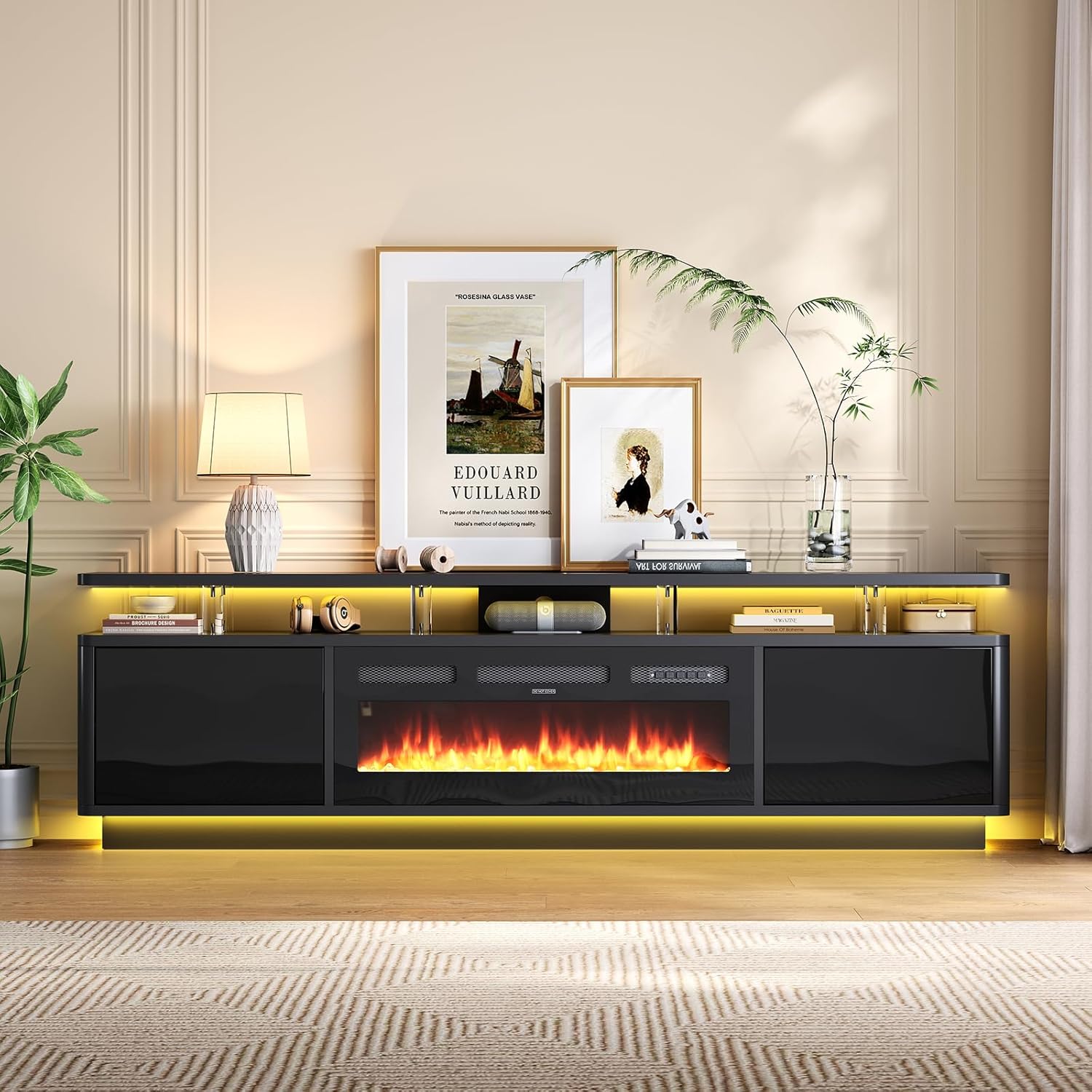MXV 80" Fireplace TV Stand for Living Room, 36" Electric Fireplace with Adjustable Flames & Double LED Lights, Remote Control, Storage Cabinet with High Gloss Board, Fits TVs Up to 90", Black & Black