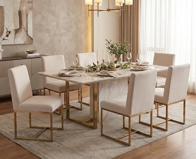CIMOTA Modern Dining Chairs Set of 6, Upholstered Dining Room Chairs Armless Guest Side Chair with Gold Base for Dining Room/Kitchen, Beige, 6PCS