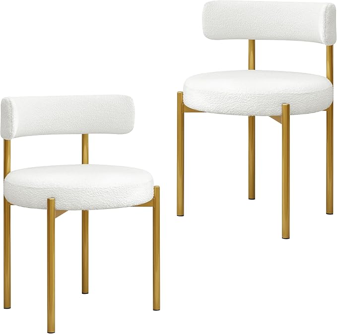 Boucle Dining Chairs Set of 2, White Dining Chairs with Upholstered Seat and Gold Legs, Mid-Century Modern Kitchen Chairs for Dining Room, Restaurant