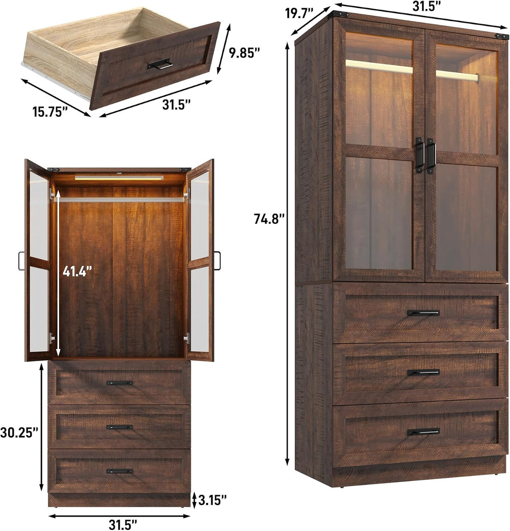 75" Tall Farmhouse 2 Doors Armoire Wardrobe Closet with 3 Drawers and LE...