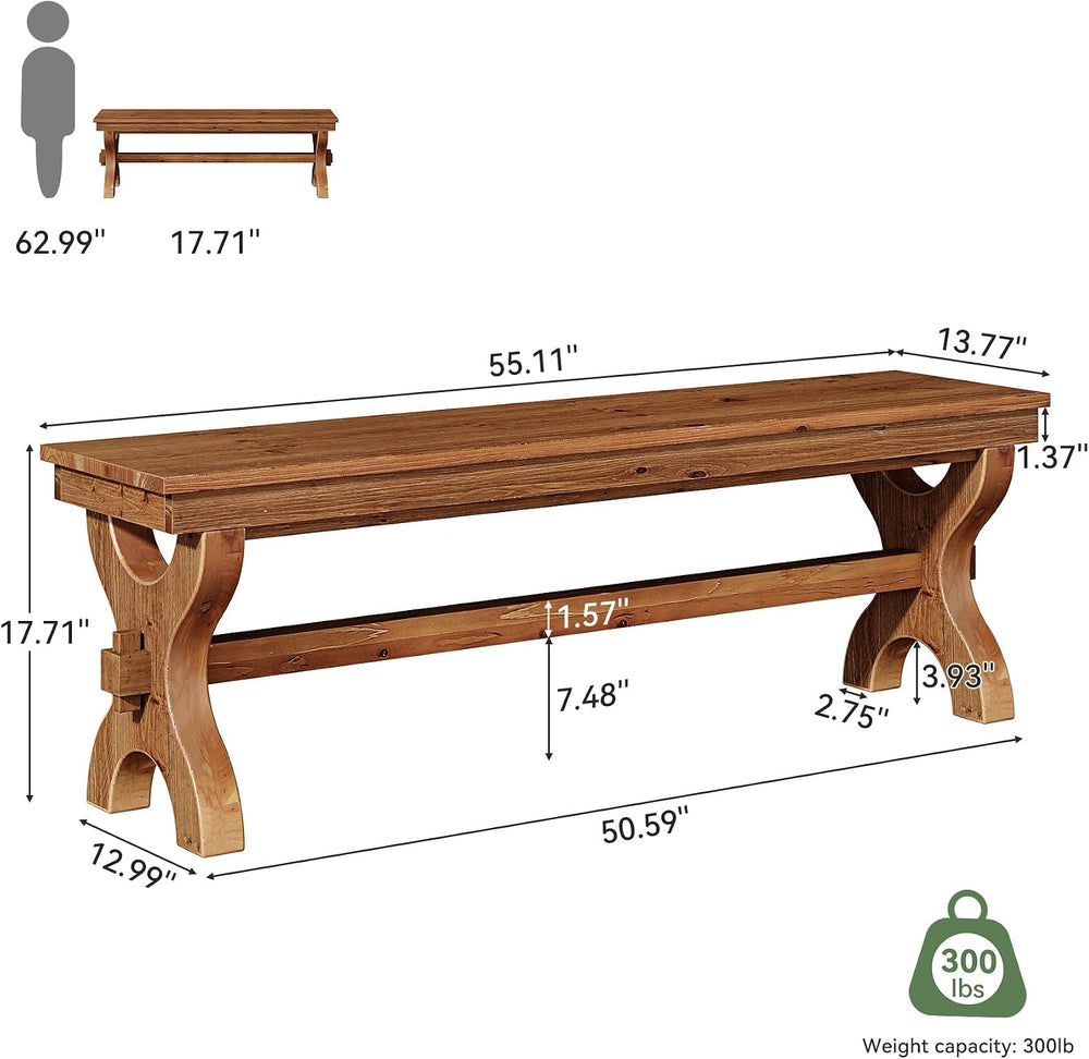 Solid Wood Dining Bench, 55-Inch Long Entryway Shoe Bench, Farmhouse Indoor S...