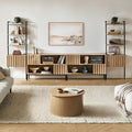 mopio Norwin 4 Piece Entertainment Center with Storage, 70" TV Stand, Industrial Modern Television Accent Cabinet, Oak Wood Media Console Table with 3-Tier Shelf Bookcase (3-Tier Display Set)