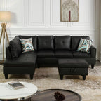 L-Shaped Sectional Sofa with Movable Chaise & Storage Ottoman, Leather 3-Piece Modular Convertible Couches for Living Room, Apartment & Office, Black