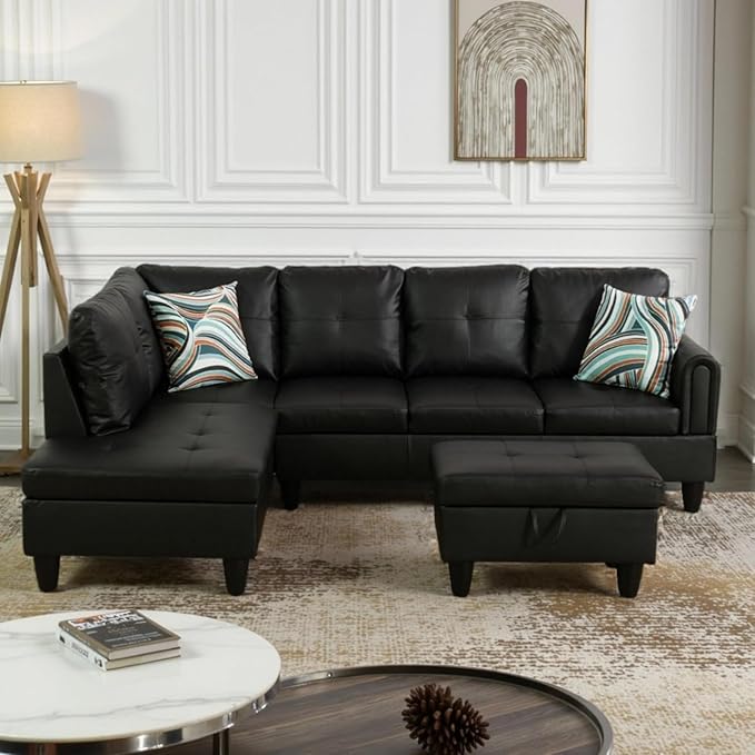 L-Shaped Sectional Sofa with Movable Chaise & Storage Ottoman, Leather 3-Piece Modular Convertible Couches for Living Room, Apartment & Office, Black
