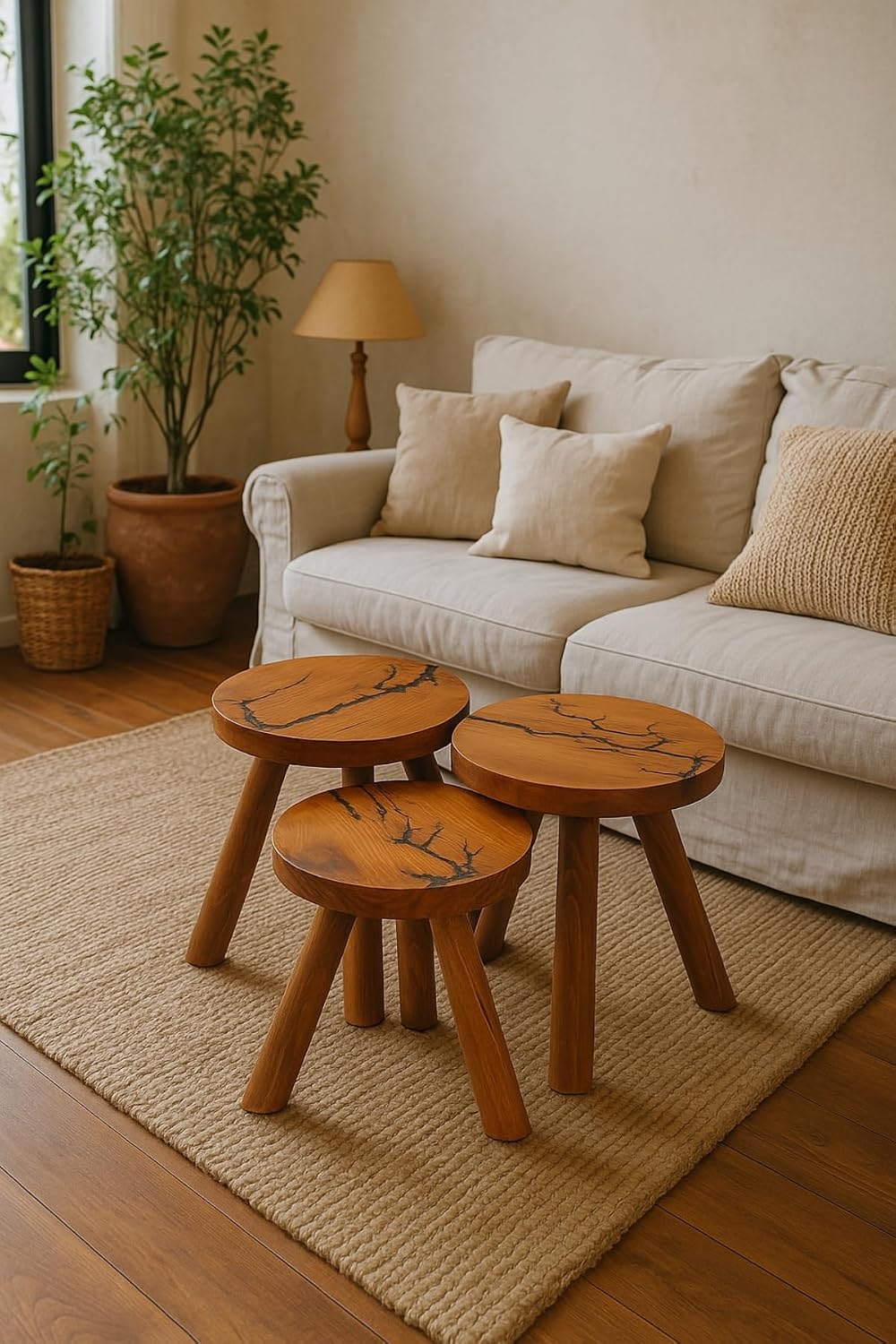 Solid Wood Nesting Side Tables 3 Piece Set Round Top Retro Style Coffee Table...