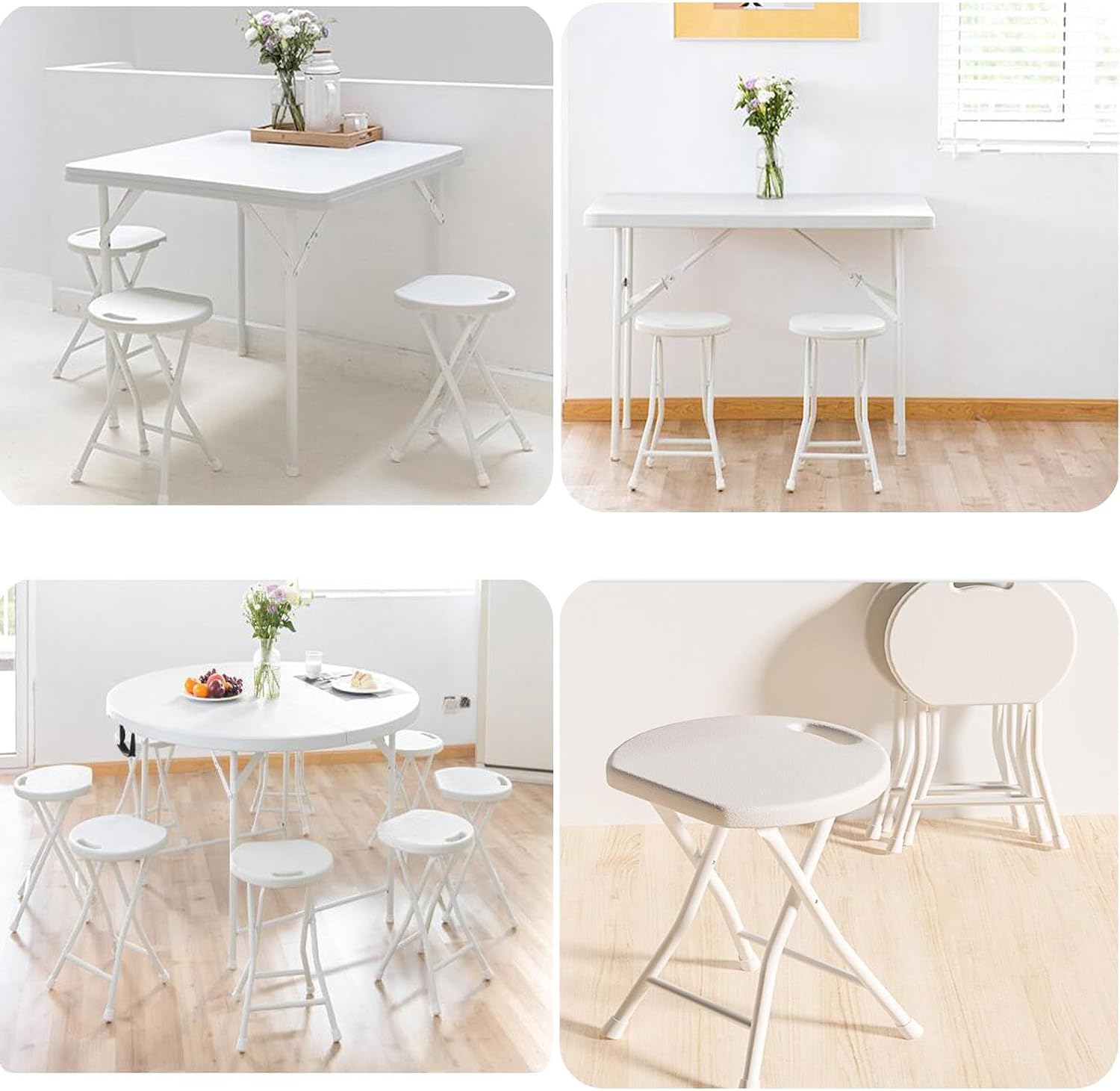 Portable Round Stool, 18 inch, Lightweight, Bar Stool, Sturdy Plastic, Foldable, Steel Frame Legs, Metal Chair, No Assembly Required, White