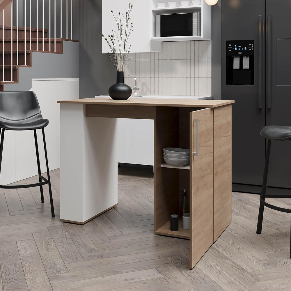 Kitchen Island with 1 Door and Open Storage, White and Natural Oak | Combines...
