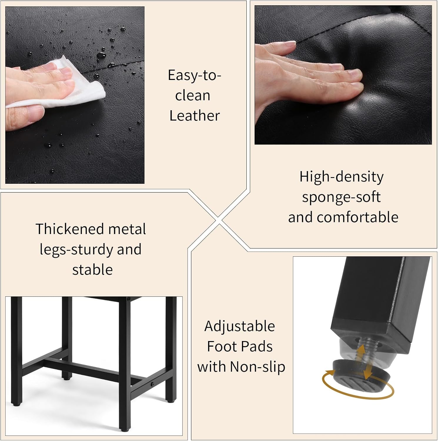 Saddle Seat Vanity Stool, Makeup Stool Chair with Metal Leg, U-Shaped Faux Leather Ottoman Foot Rest, Small Square Chairs Under Desk for Vanity, Living Room, Bedroom, Modern Makeup Bench Black