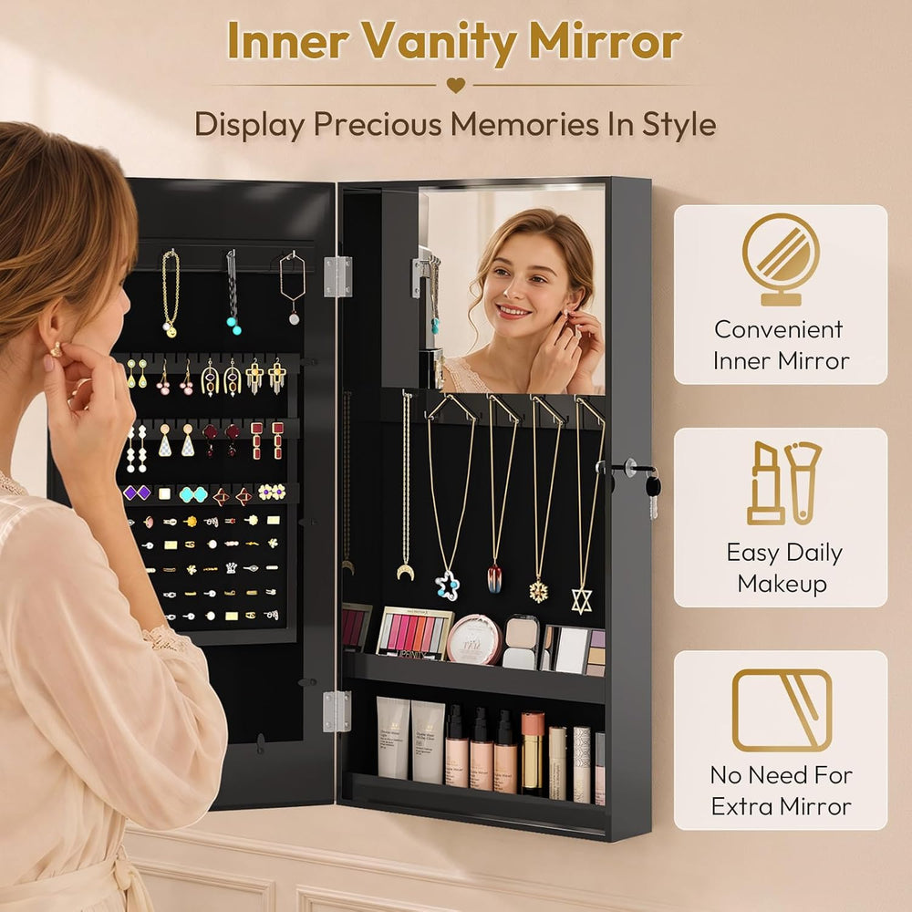 Bonnlo Wall-Mounted Jewelry Cabinet with Photo Frame, Inside Mirror, Black