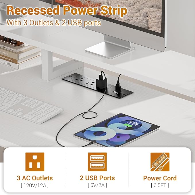 Aheaplus Computer Desk with 3 Drawers, Home Office Desk with File Drawer & Power Outlet, 59'' Gaming Desk with Led Lights, Long Work Desk with Storage Shelves, Printer Cabinet and Monitor Shelf, White