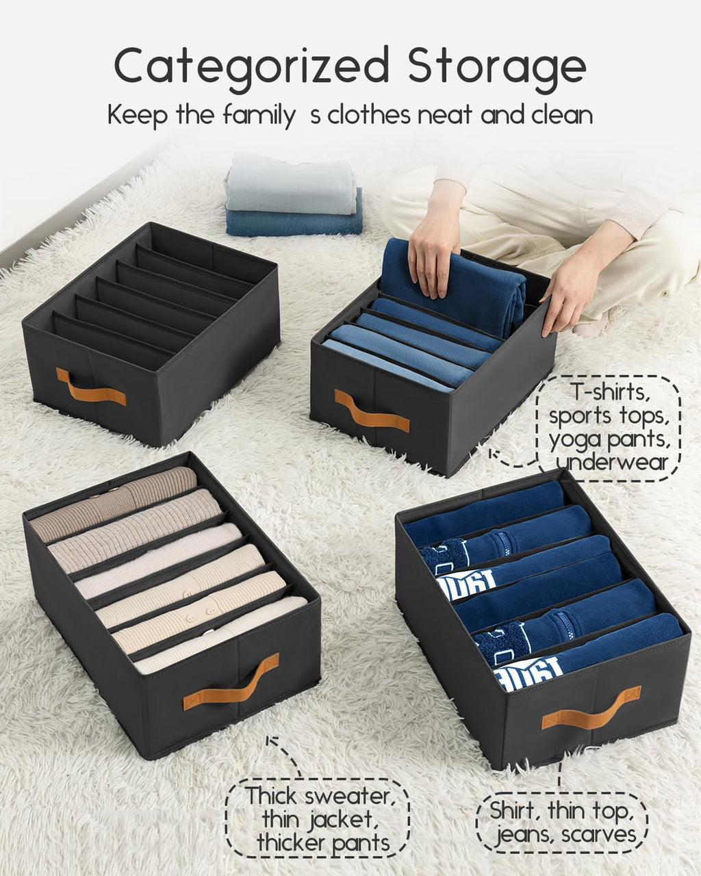 Closet Organizers and Storage - Fabric Clothes Organizer with Handles, Foldable Jeans Organizer for Clothes, Drawer Organizer for Shirts, Bra, Sweater, Scarf, 8 Pack, Black