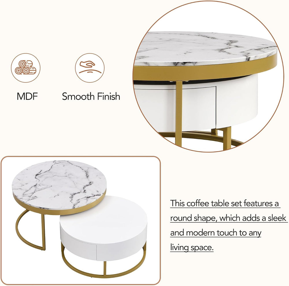 Modern Round Nesting Coffee Table with Drawers in White, Circle Coffee Tables...