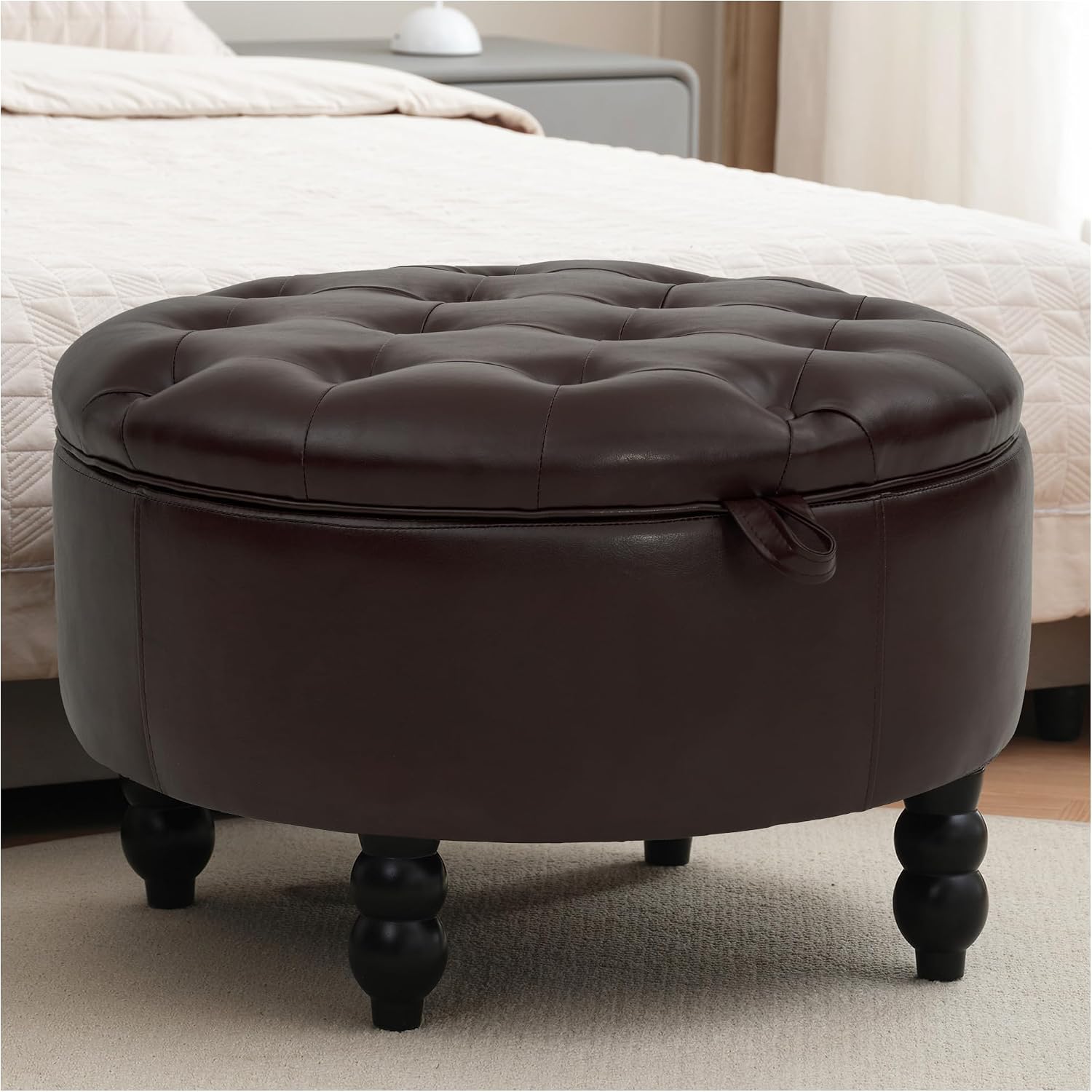 30 Inch Round Ottoman with Storage, Tufted PU Leather Storage Bench for Bedroom, Living Room & Entryway, Modern Upholstered Coffee Table with Wooden Black Legs, Light Brown(PU)