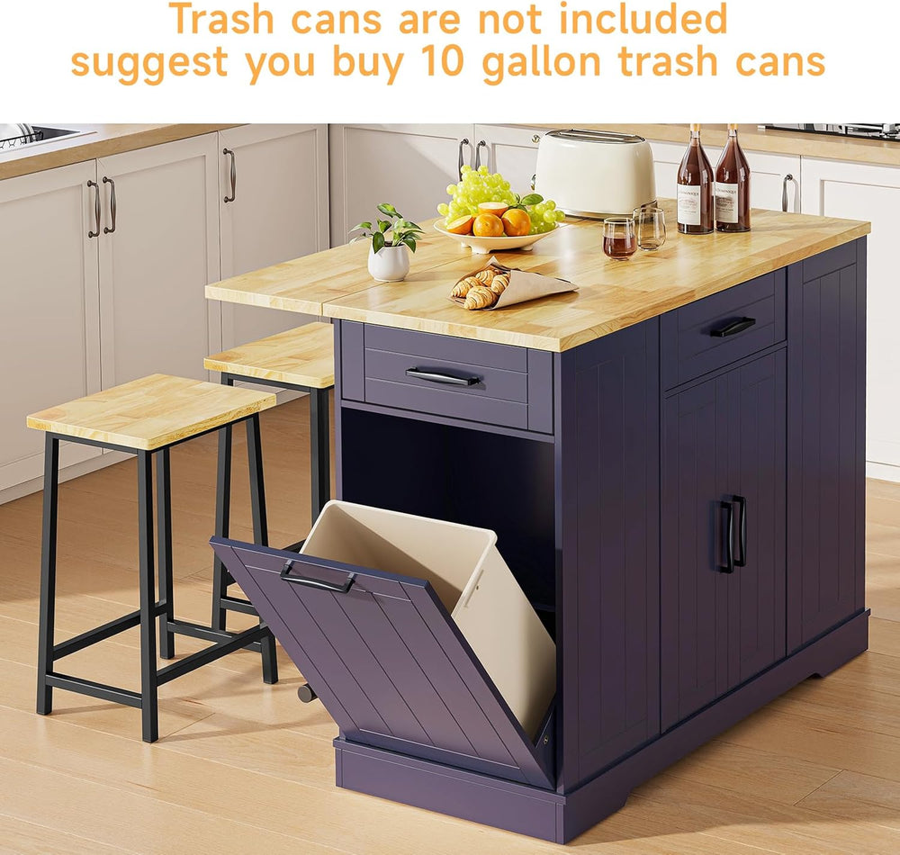 ONBRILL 47" Kitchen Island with Trash Can Storage, Include 2 Chairs, Blu...