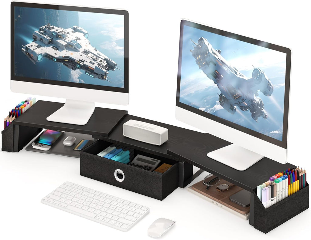 Dual Monitor Stand Riser w/ Drawer & Metal Leg, Large Computer Monitor Riser w/ Storage For 2 Monitors, Desk Shelf For Monitor w/ Adjustable Length & Angle, Desktop Organizer For Laptop/TV/Printer