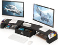 Dual Monitor Stand Riser w/ Drawer & Metal Leg, Large Computer Monitor Riser w/ Storage For 2 Monitors, Desk Shelf For Monitor w/ Adjustable Length & Angle, Desktop Organizer For Laptop/TV/Printer