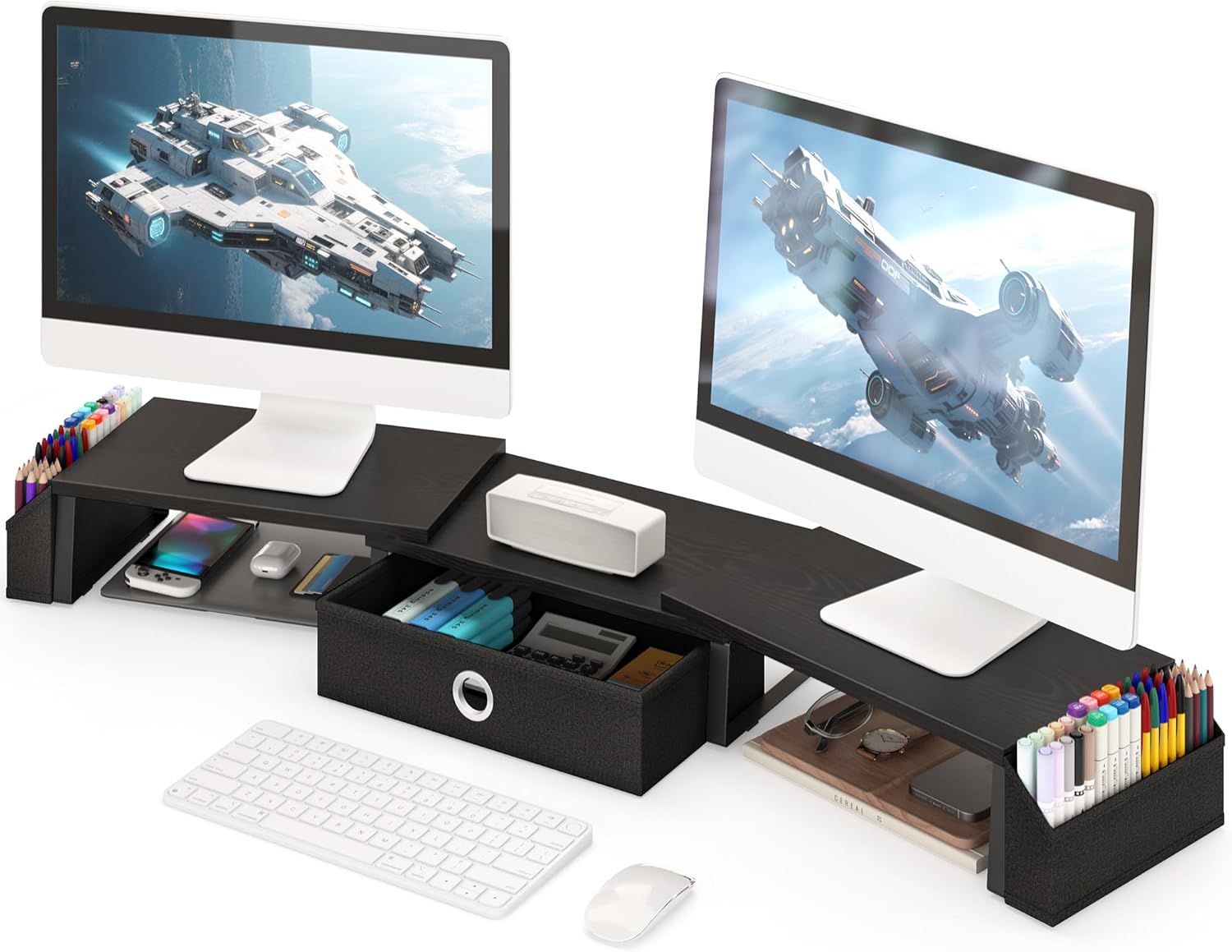 Dual Monitor Stand Riser w/ Drawer & Metal Leg, Large Computer Monitor Riser w/ Storage For 2 Monitors, Desk Shelf For Monitor w/ Adjustable Length & Angle, Desktop Organizer For Laptop/TV/Printer