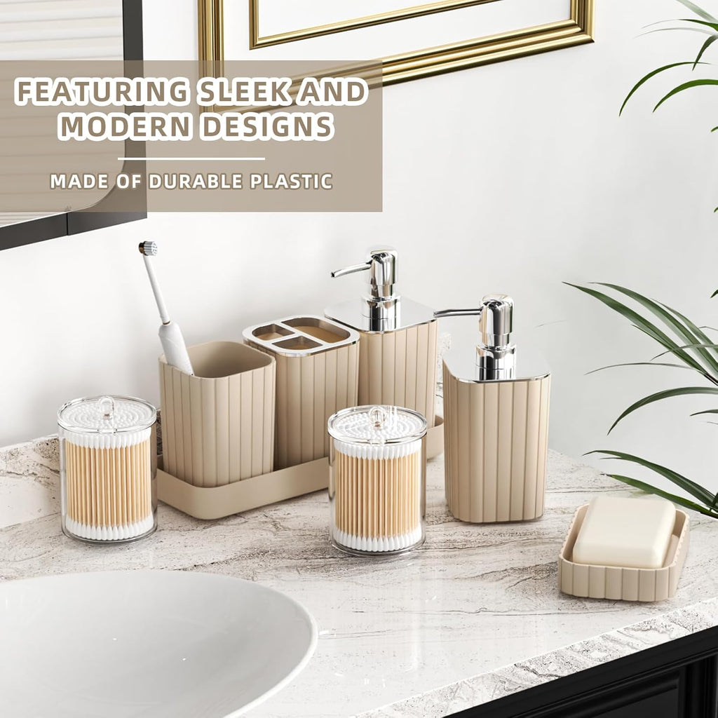 Bathroom Accessories Set - Gorgeous Beige Bathroom Set, 10PC Bathroom Accessory Set, Toilet Brush, Trash Can & Soap Dispenser
