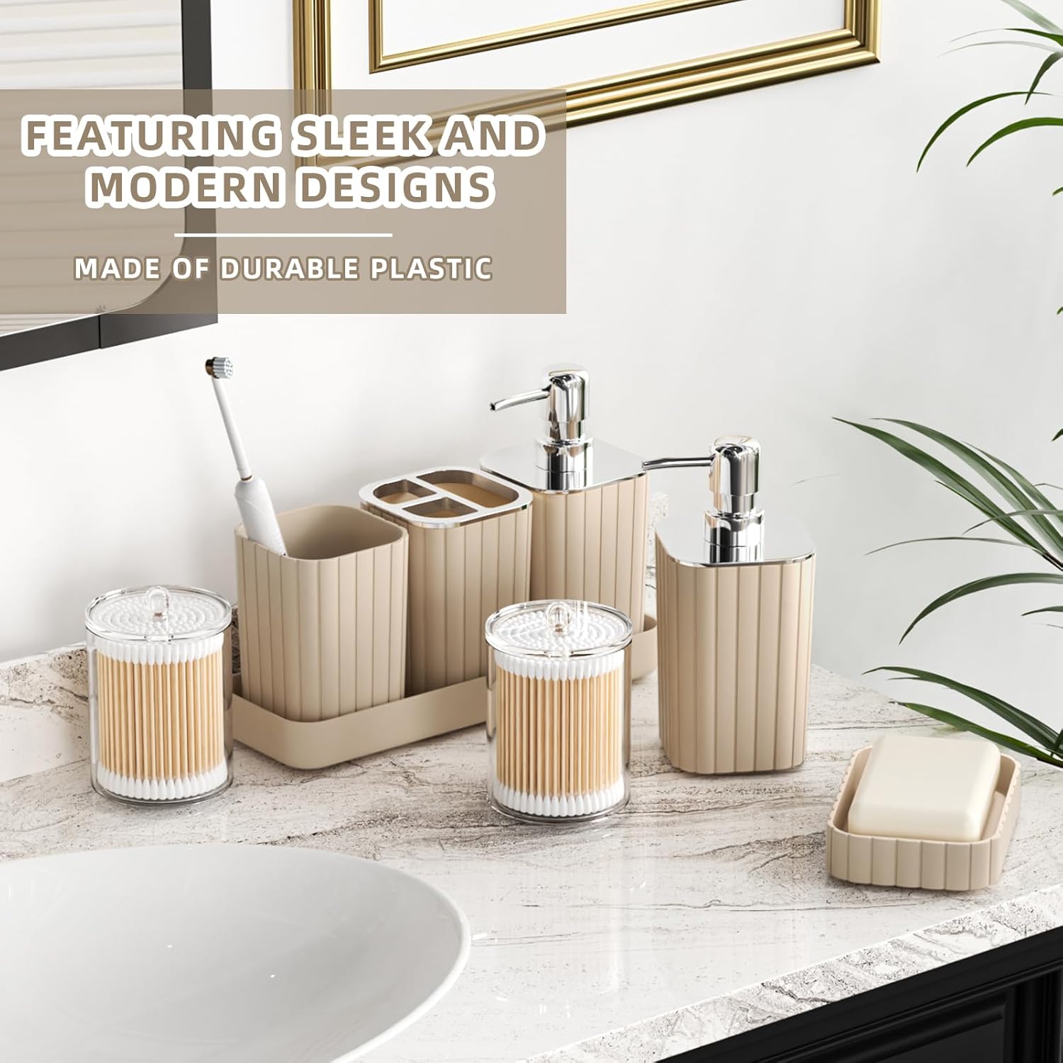 Bathroom Accessories Set - Gorgeous Beige Bathroom Set, 10PC Bathroom Accessory Set, Toilet Brush, Trash Can & Soap Dispenser