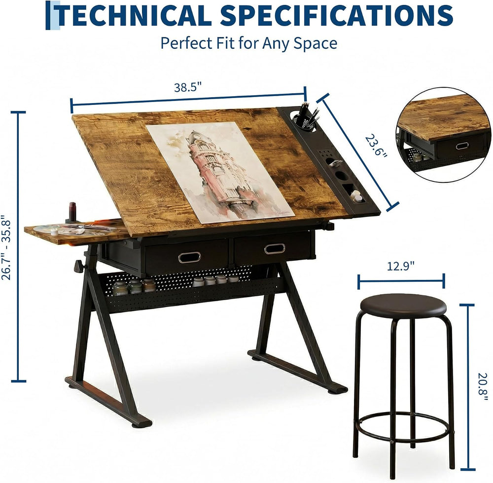 Industrial Minimalist Drafting Desk with Stool | Adjustable Tilting Artist Ta...