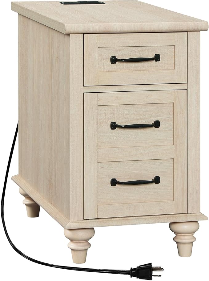 WAMPAT Beige End Table with Charging Station, Wooden Side Table with Storage ...