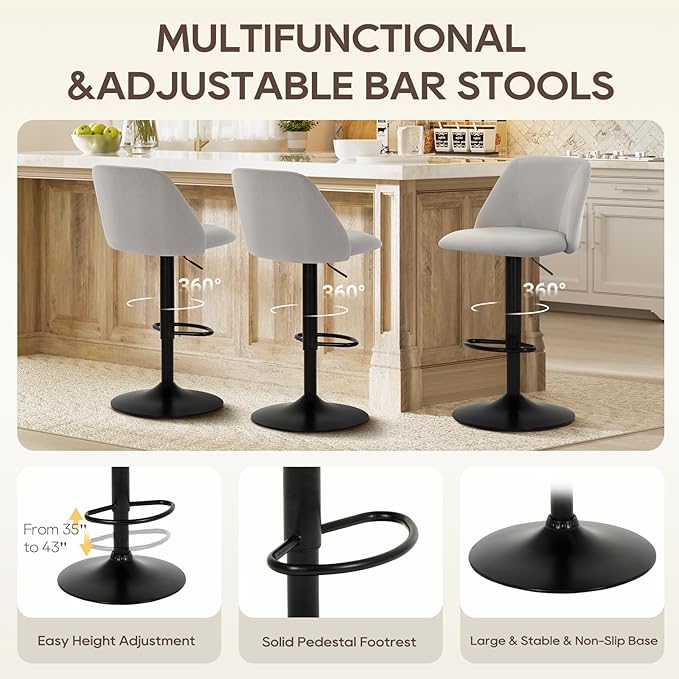 COLAMY Bar Stools Set of 4, Modern Swivel Bar Chairs, Adjustable Upholstered ...