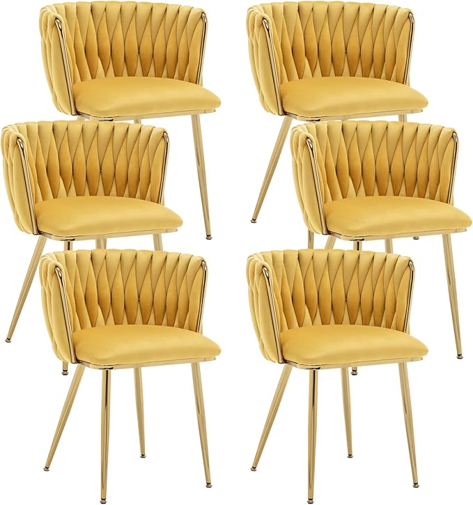 Kiztir Velvet Dining Chairs Set of 6 Woven Dining Chairs with Gold Metal Legs Upholstered Modern Dining Room Chair for Living Room, Bedroom, Kitchen (Yellow, Set of 6)