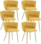 Kiztir Velvet Dining Chairs Set of 6 Woven Dining Chairs with Gold Metal Legs Upholstered Modern Dining Room Chair for Living Room, Bedroom, Kitchen (Yellow, Set of 6)