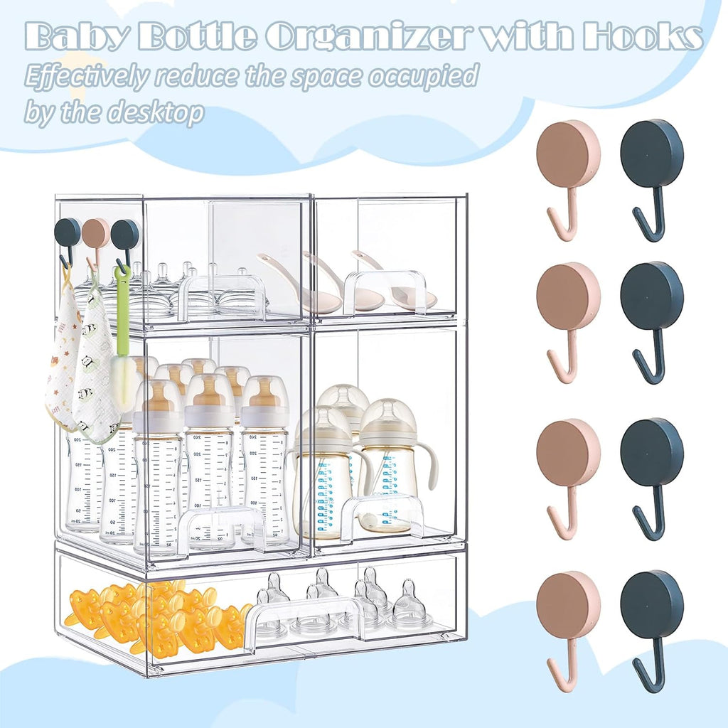 Baby Bottle Organizer with Hooks - 5 Pack Stackable Storage Drawer | Baby Bottle Organizers and Storage, Clear Acrylic Multipurpose Bottle Storage for Countertop