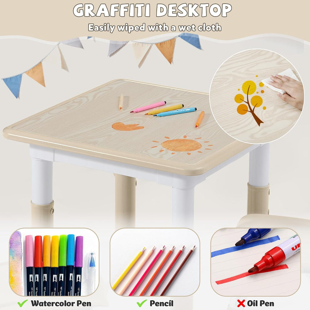 Adjustable Kids Table Chairs Set – Graffiti Desktop, Multi-Activity Height-Adjustable Toddler Study Desk for Ages 3-8 – Ideal for Home, Classroom, Daycare (W-Wood, 4 Chairs-23.6" L x 23.6" W)