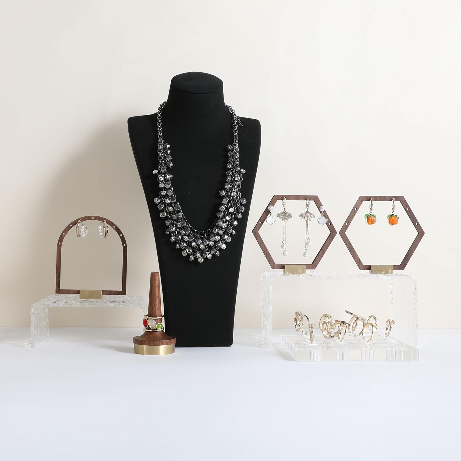 GemeShou 3pcs Wooden stud earring organizer holder, walnut earring hangers with brass base, Small Cute earring display for selling with 9 holes for each【Hexagon frame-3pcs】