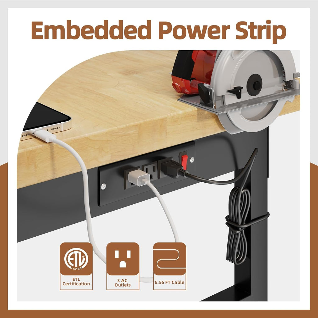 48" Adjustable Workbench, Work Bench Table with Power Outlet, Metal Tool Bench Work Bench for Garage, Large Load Capacity Garage Workbench for Workshop,Office,Home
