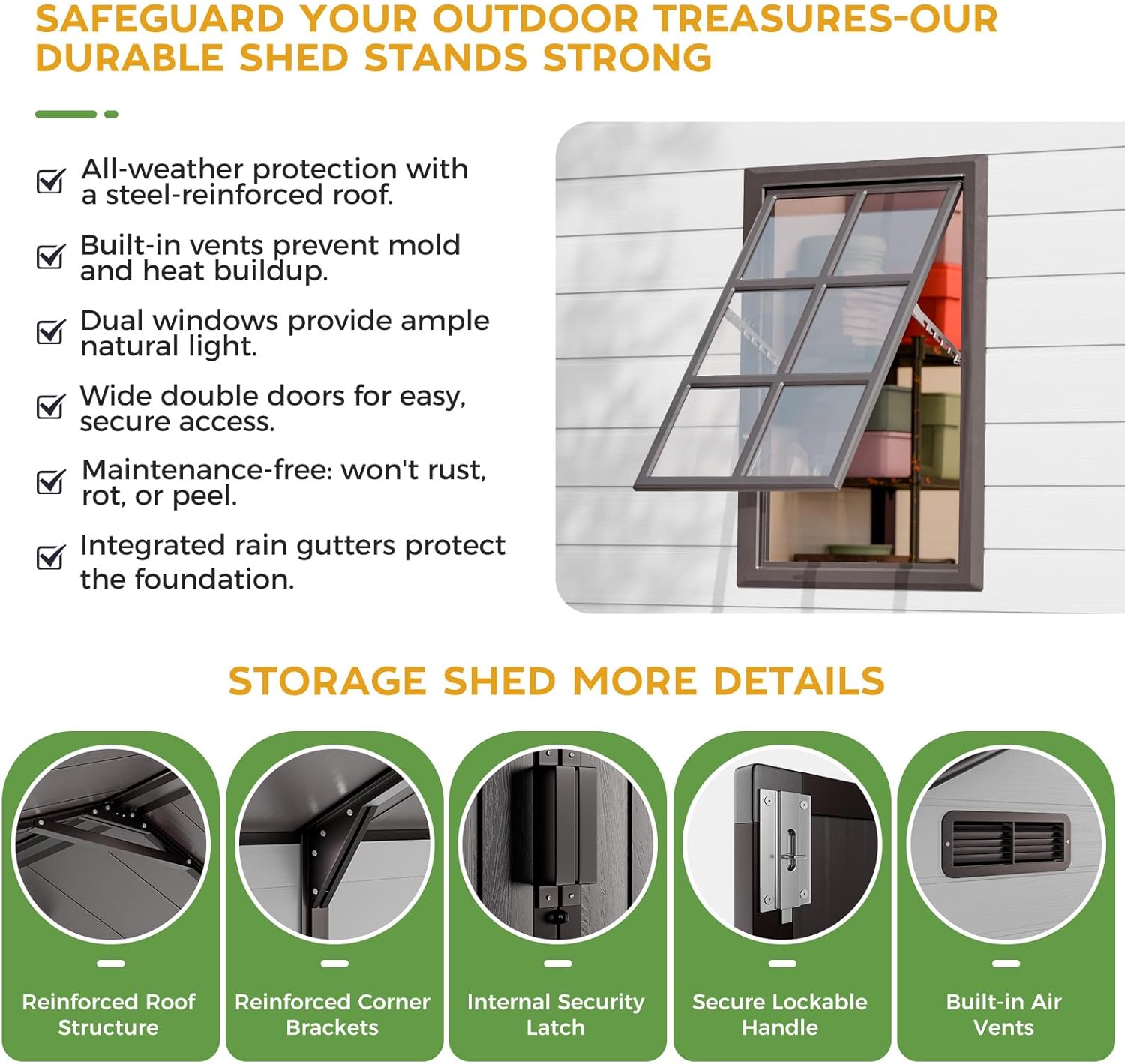 8x8 Shed with Floor, Heavy-Duty Plastic Resin Sheds & Outdoor Storage, Garden Tool Shed for Backyard, Patio, Bike Storage with Lockable Awning Windows & Reinforced Steel Frame（23-Gauage