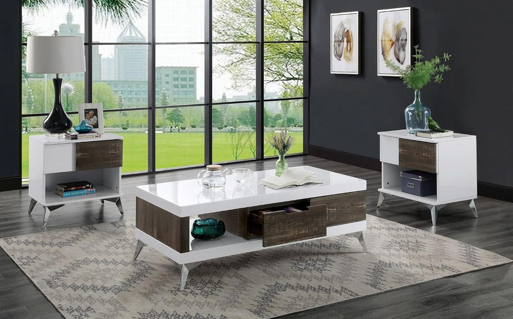 End Table White and Oak Open Shelf Drawer Steel Legs Two Tone High Gloss Wood...
