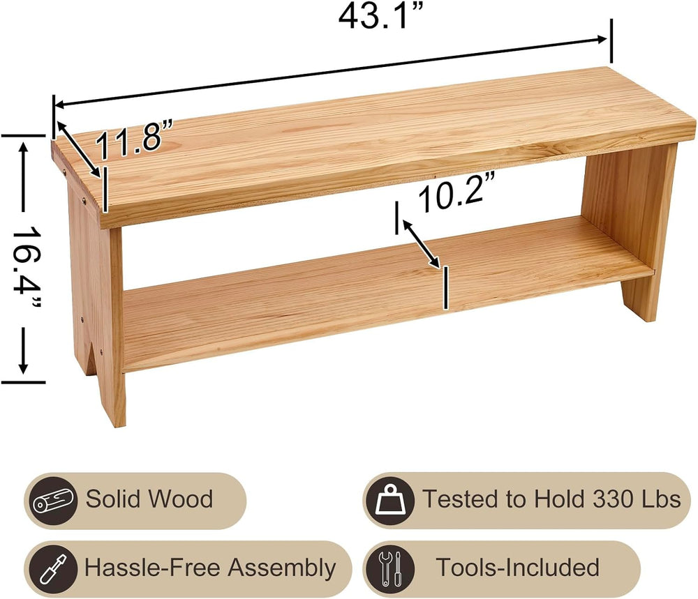 43" Solid Wood Farmhouse Bench, Entryway Bench with Storage Shelf, Narro...