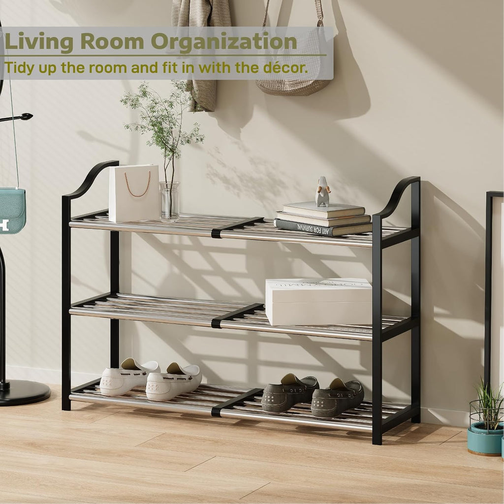 3-Tier Shoe Rack Expandable Shoe Rack for Closet Small Shoe Storage Rack for Entryway Adjustable Shoe Shelf for Small Space, Metal Shoe Organizer for Garage, Front Door Entrance