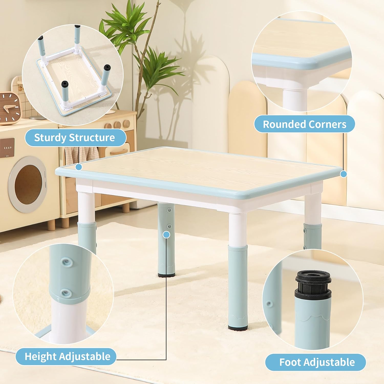 Hulaibit Toddler Table and Chairs, Kids Table and 4 Chairs Set with Graffiti Desktop, Height-Adjustable Kids Study Table for Boys and Girls Aged 3-8, Max 300lbs