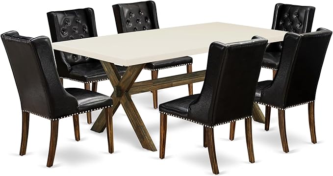 East West Furniture X727FO749-7 7 Piece Dining Set Consist of a Rectangle Dining Room Table with X-Legs and 6 Black Faux Leather Upholstered Parson Chairs, 40x72 Inch, Multi-Color