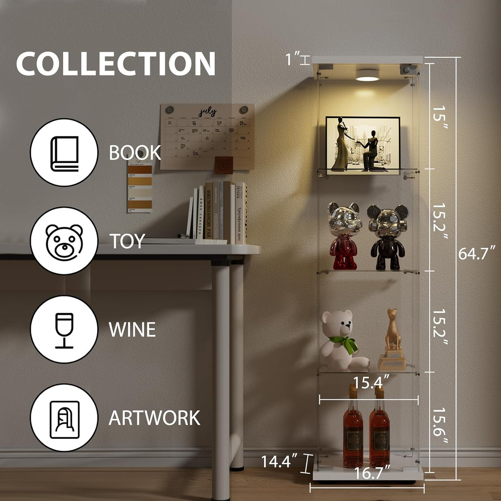 FANYUSHOW Glass Display Cabinet with LED Light & Lock, 1-Door 4-Shelf White | Tempered glass shelves, 64.7"H x 16.7"W x 14.4"D, 13-color remote lighting, 30/60-min timer, curio display case