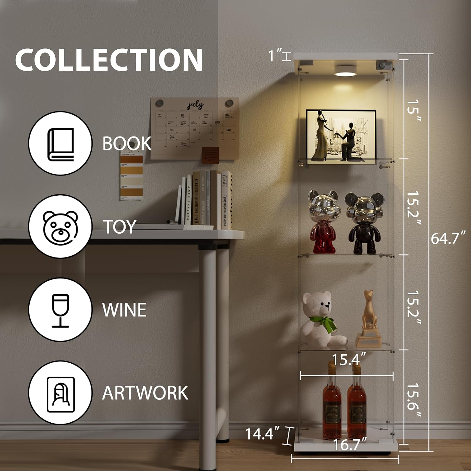 FANYUSHOW Glass Display Cabinet with LED Light & Lock, 1-Door 4-Shelf White | Tempered glass shelves, 64.7"H x 16.7"W x 14.4"D, 13-color remote lighting, 30/60-min timer, curio display case