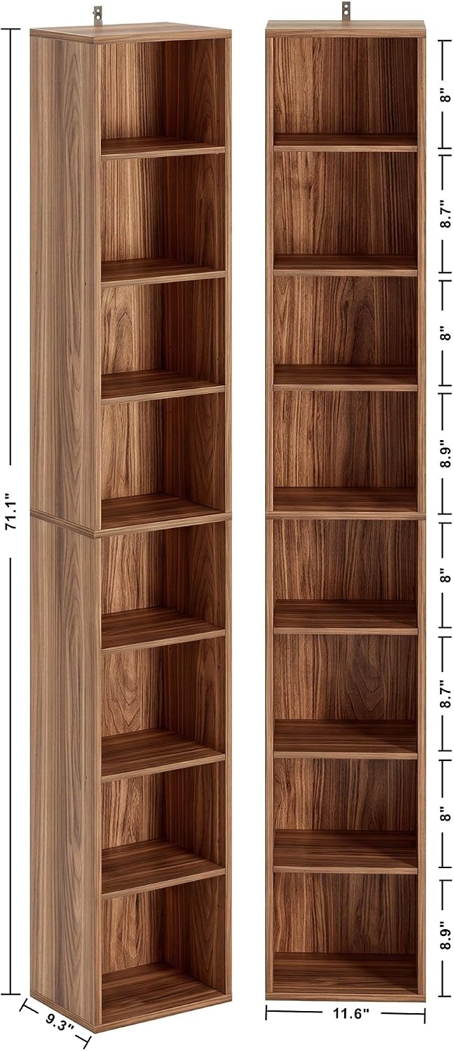 IRONCK Tall Narrow Bookshelf 8 Tiers 71in Set of 2, Compact Corner Bookcase | 4 Adjustable Shelves. Compact Corner-fit Design for Living Room, Office or Bedroom. Each Shelf Supports 28 lbs. Easy Setup.