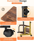 Portable Rolling Desk on Wheels Adjustable Height Desks for Small Spaces, 32" Computer Desk with Storage Shelves for Home Office Rustic
